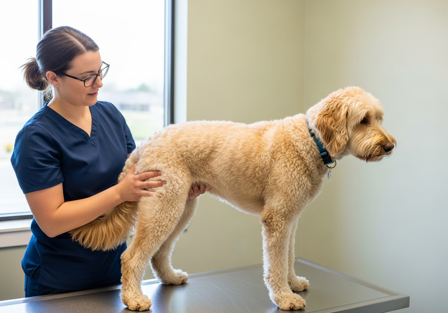 Veterinarian examining Labradoodle hip and rear legs, checking for joint dysplasia at a vet clinic