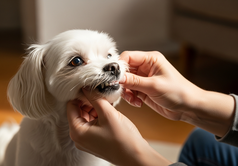 Owner gently examining Maltese dog teeth at home - Maltese dental health check