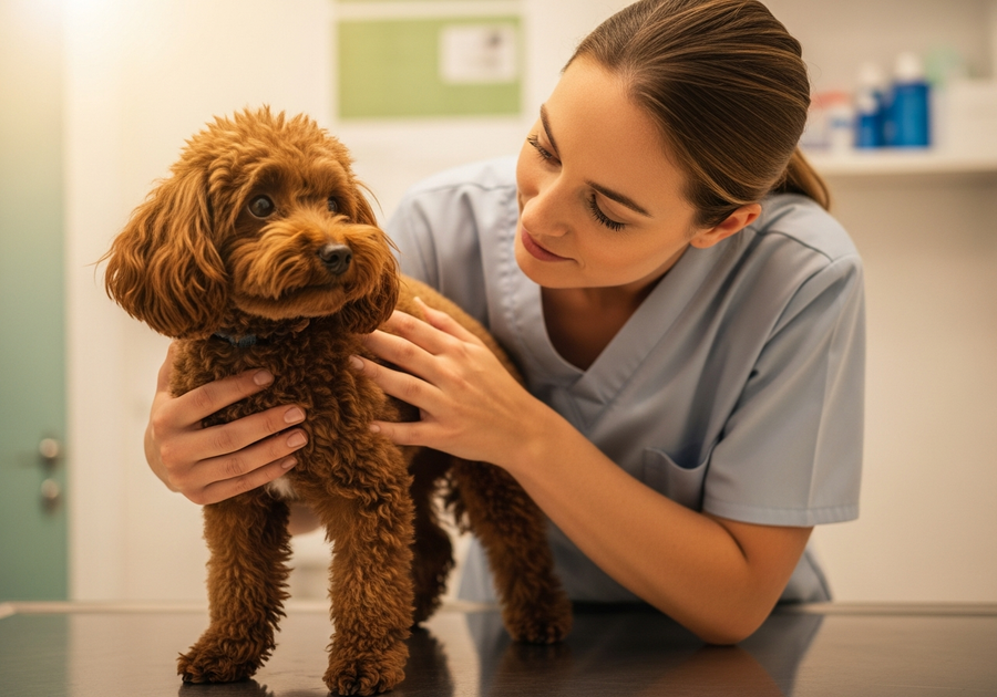 Australian vet examining a brown Miniature Poodle on a clinic table for health check