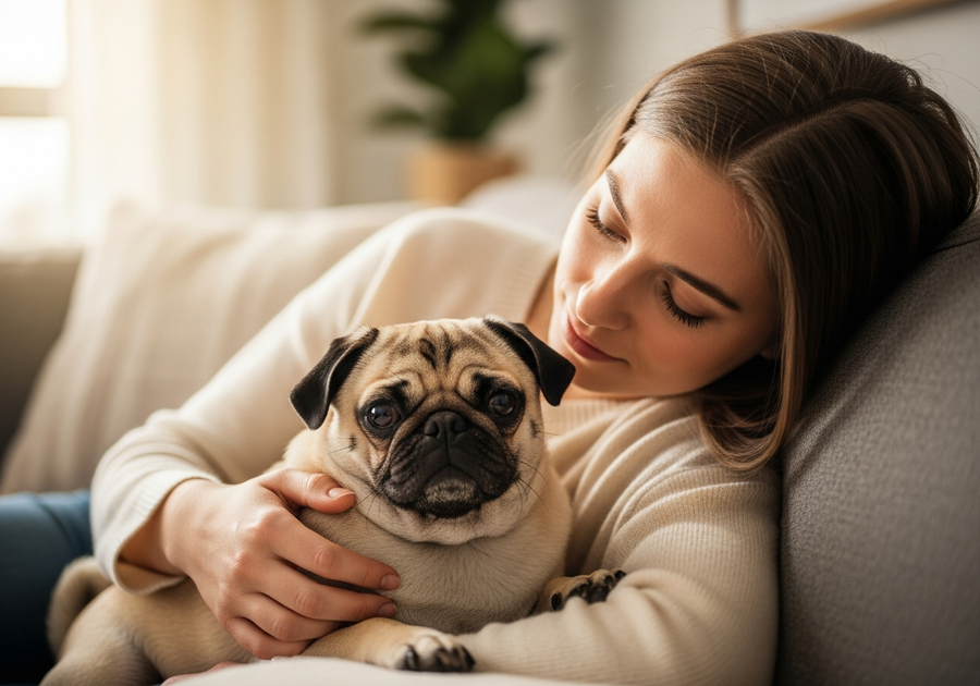 Woman cuddling her pug on a couch, showing the close bond that helps pugs thrive into old age