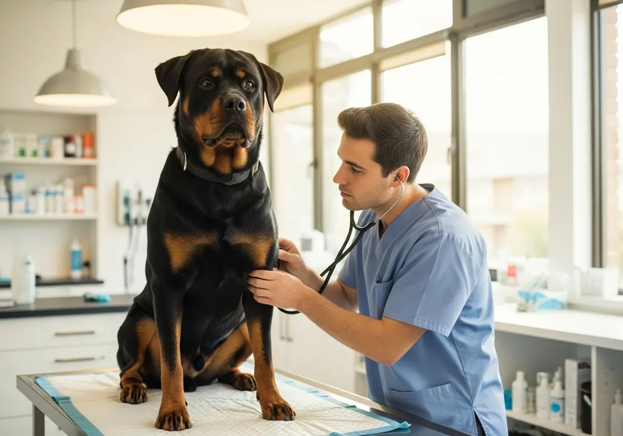 Rottweiler being examined by a veterinarian in a bright clinic, regular health checks support longer lifespan