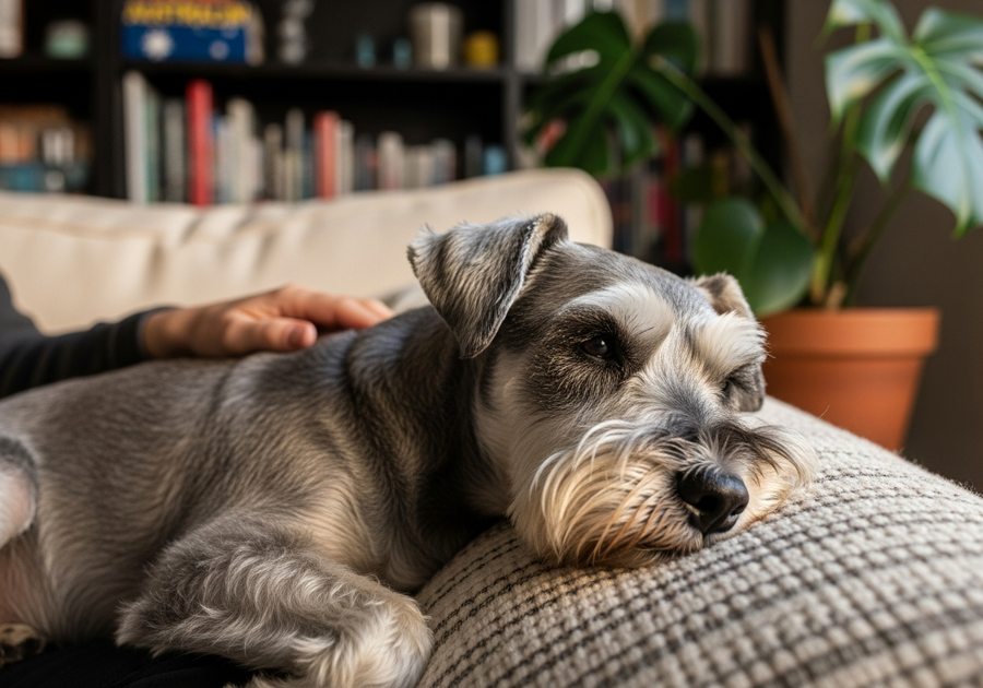 Miniature Schnauzer curled up relaxed on a couch beside its owner, showing calm settled behaviour at home