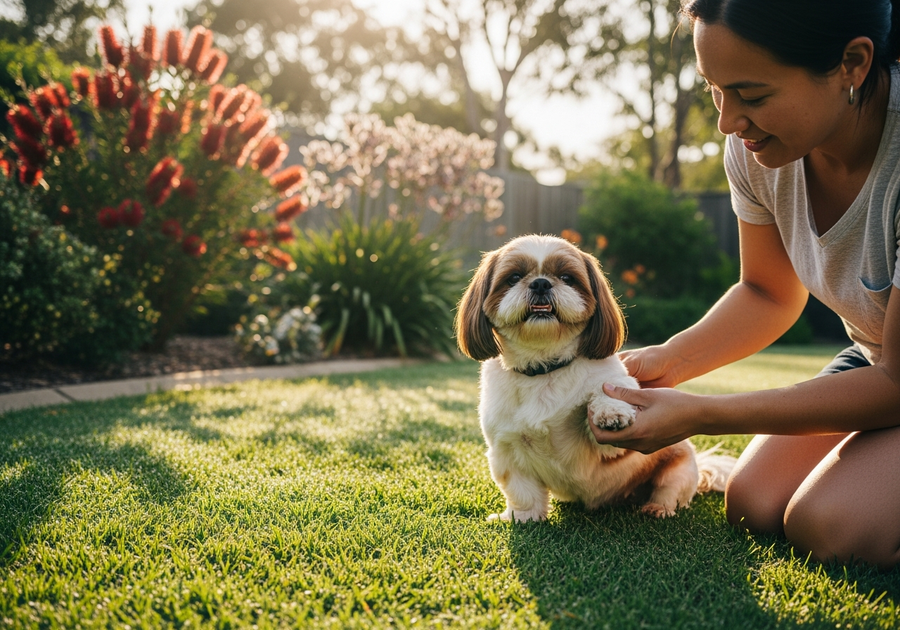 Owner kneeling beside a Shih Tzu examining its legs, showing joint care and assessment for this breed