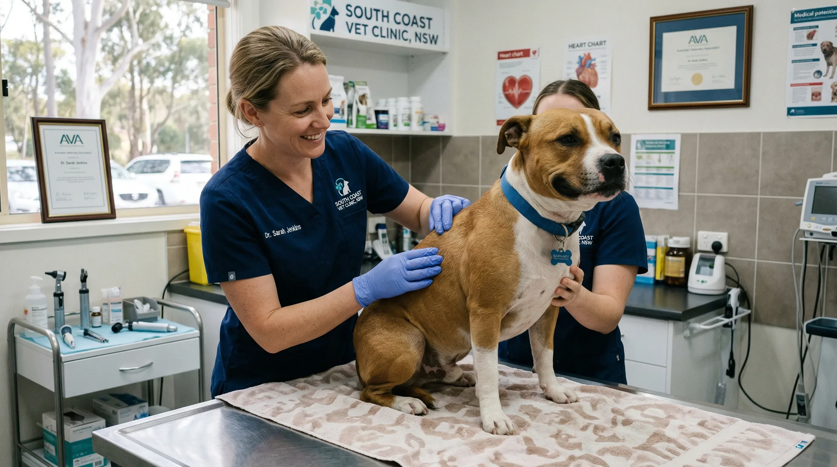 Staffordshire Bull Terrier receiving a gentle veterinary examination checking for skin conditions and coat health