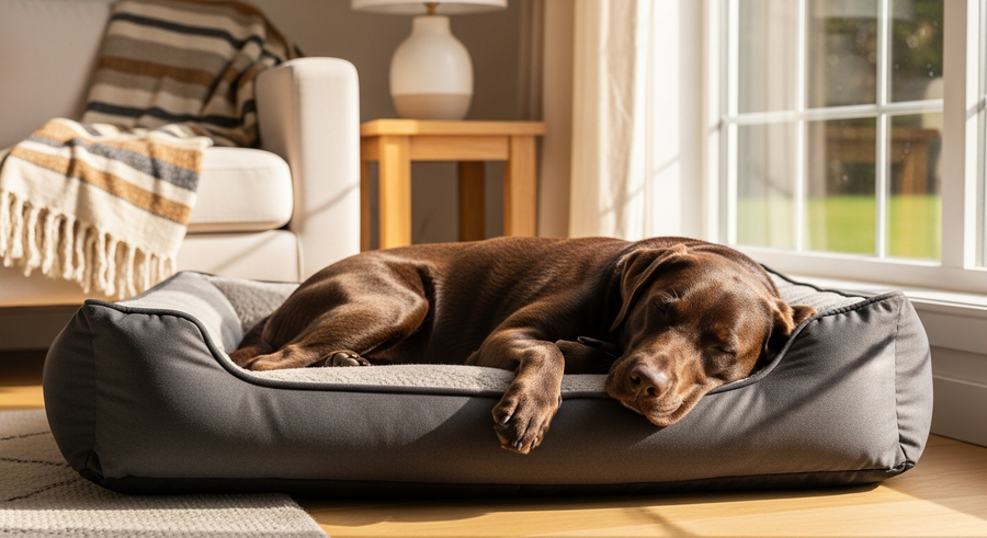Labrador Retriever resting at home after exercise, showing the importance of monitoring health signs in the breed