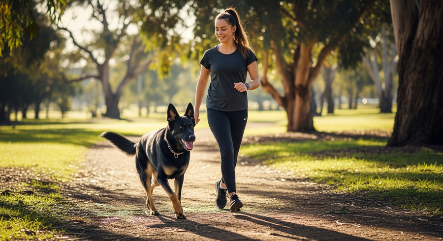 German Shepherd walking beside owner on a park path, showing the steady daily movement that supports joint health