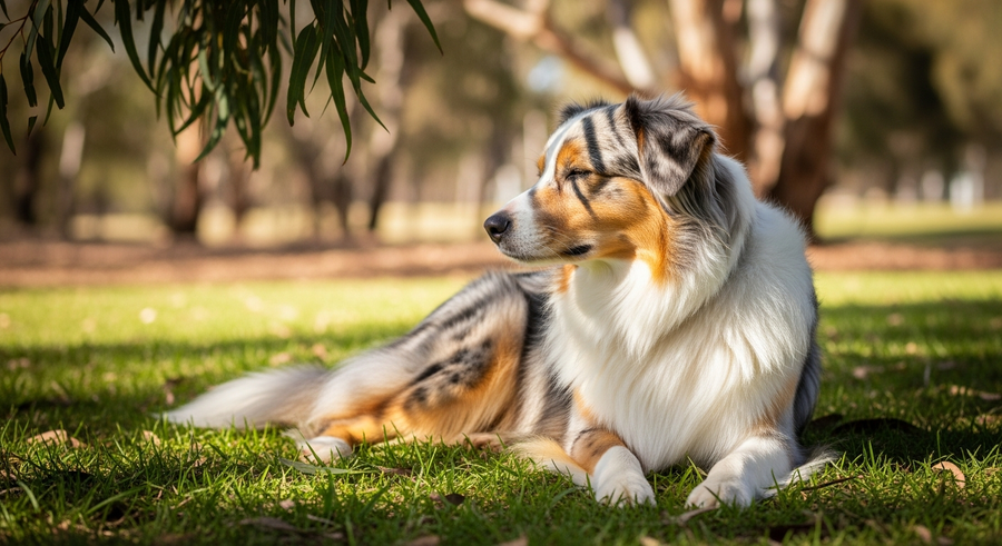 Australian Shepherd lying relaxed on green grass in dappled shade, showing calm healthy wellbeing