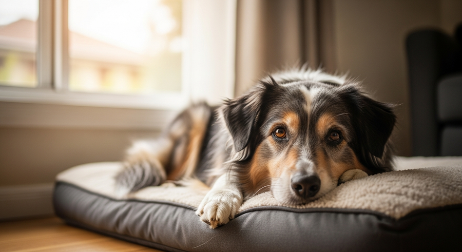 Senior Australian Shepherd resting peacefully at home, showing the calm golden years of the breeds lifespan