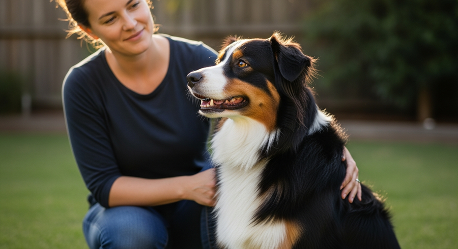 Australian Shepherd sitting with owner in a sunny backyard, alert and healthy, showing daily care bond between Aussie and owner