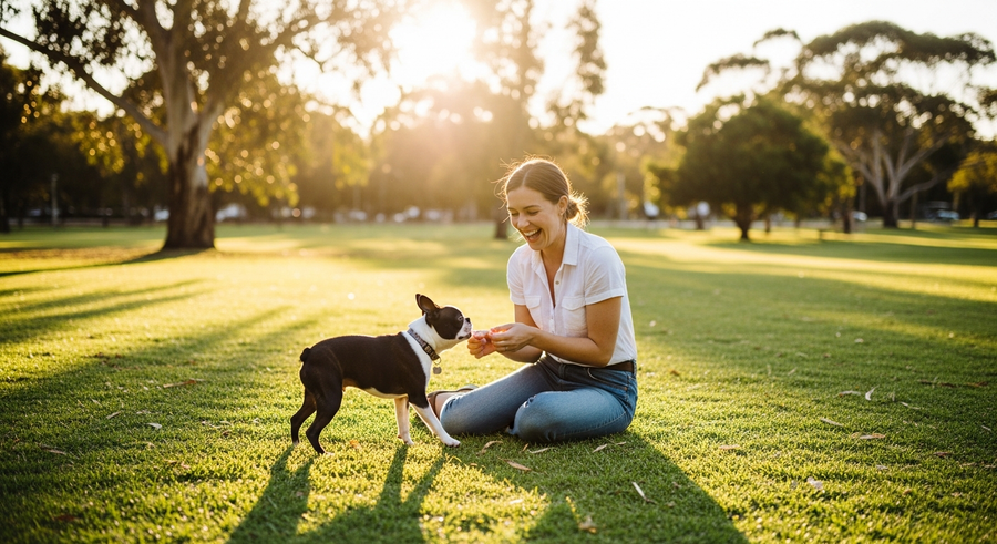 Australian woman playing with her Boston Terrier on a park lawn, showing healthy exercise for the breed
