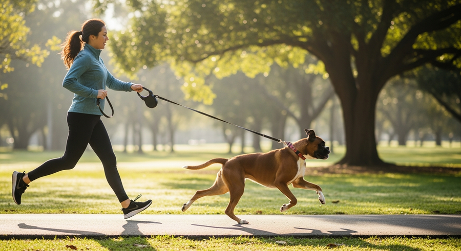 Owner walking an energetic fawn Boxer dog on a green park path in Australia, showing how daily exercise supports a longer and healthier Boxer lifespan