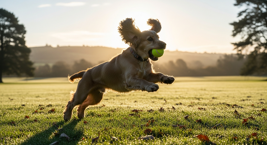 Cocker Spaniel running and playing at an Australian park, showing the breed active and healthy with proper care