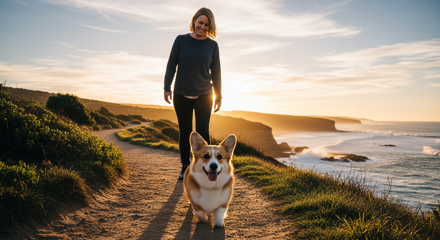 Pembroke Welsh Corgi walking with owner on coastal path, low-impact exercise supporting joint health