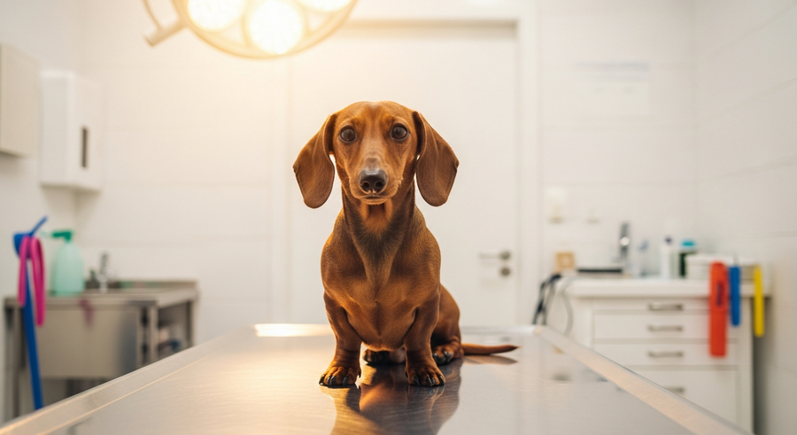 Dachshund sitting calmly on a veterinary examination table during a health check, illustrating routine vet care for dachshund health problems