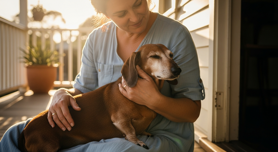 Australian woman cuddling her senior dachshund on a verandah, reflecting the long and loving bond between dachshunds and their owners