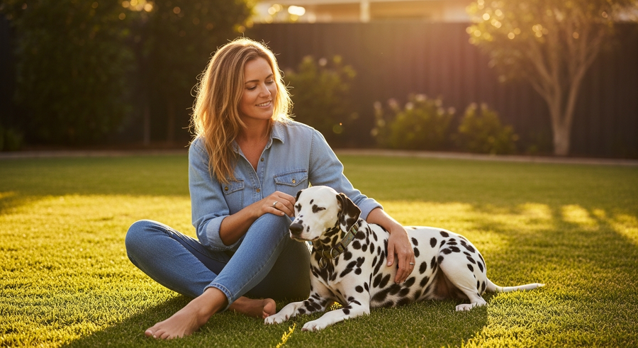 Australian woman relaxing outdoors with her Dalmatian, illustrating the close bond and care needed for this active breed