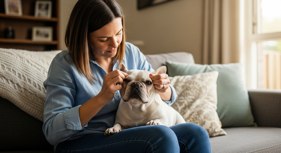 Owner gently checking French Bulldogs skin folds at home, a key part of preventing skin fold dermatitis