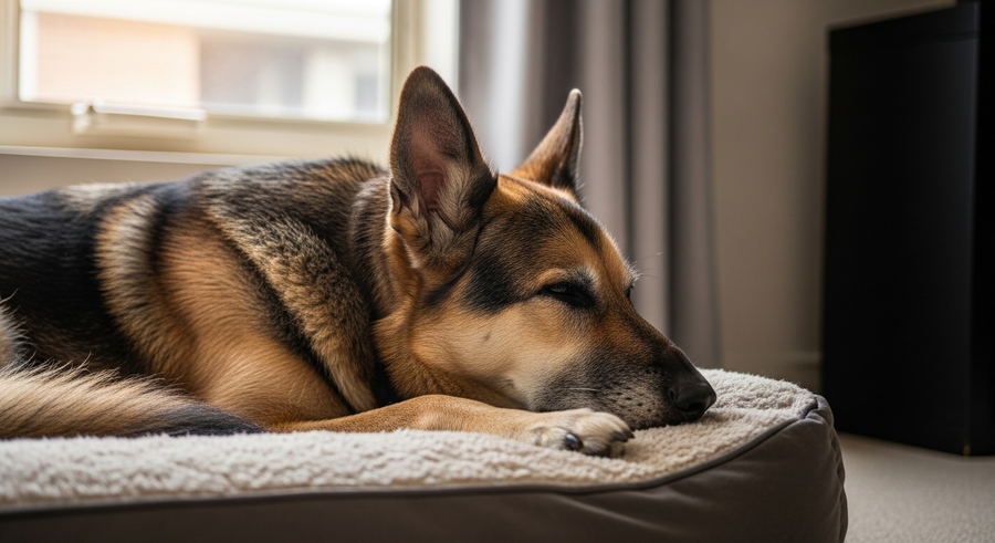 Senior German Shepherd with greying muzzle resting peacefully on a dog bed, showing how proper care supports a long and comfortable life