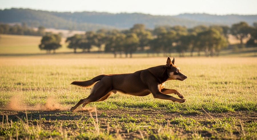 Australian Kelpie running freely across open fields, demonstrating the active lifestyle that can affect joint health