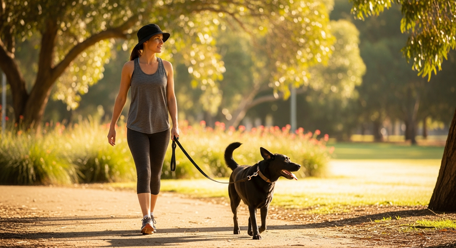 Australian woman walking her black Labrador Retriever in a sunny park, demonstrating healthy exercise habits for a longer Labrador lifespan