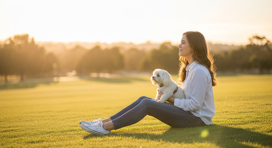 Owner relaxing in Australian park with white Maltese dog on lap - bonding and supporting Maltese health