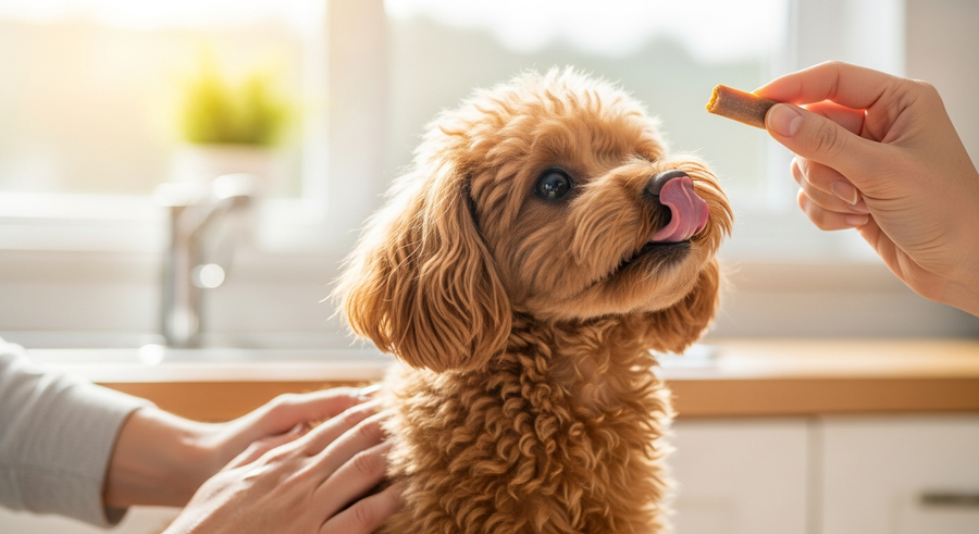Owner offering a soft chew supplement treat to an apricot Toy Poodle, supporting poodle joint health