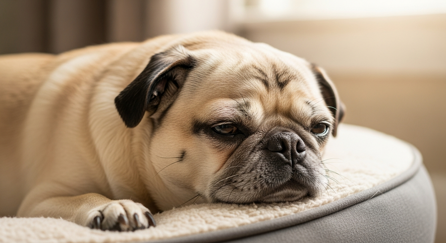 Senior pug with greyed muzzle resting peacefully, representing the later years of pug lifespan