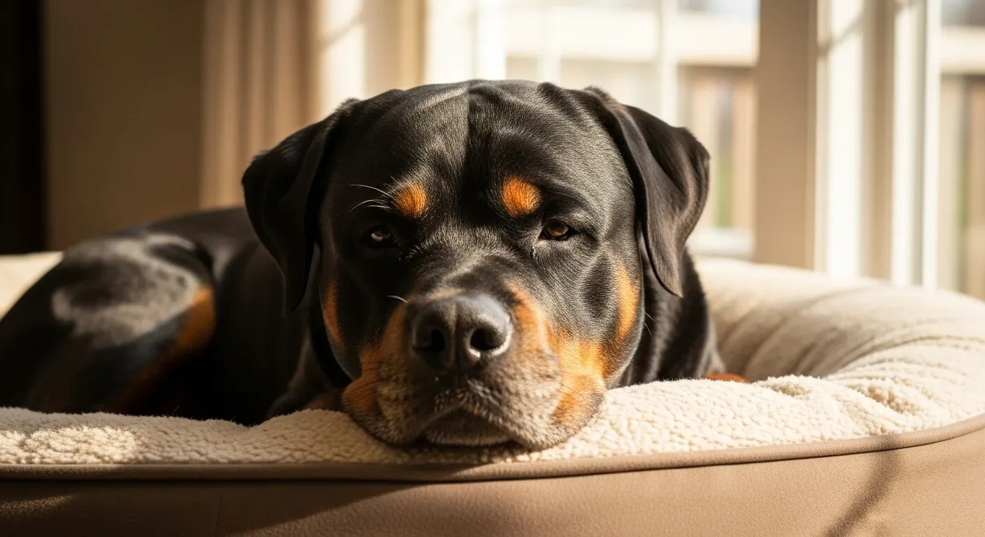 Senior Rottweiler resting comfortably indoors, the golden years of a well-cared-for Rottweiler
