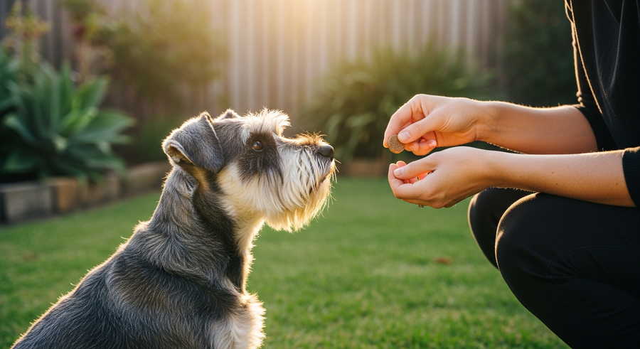 Owner offering a calming supplement chew to a Miniature Schnauzer in a sunny Australian backyard, daily care routine