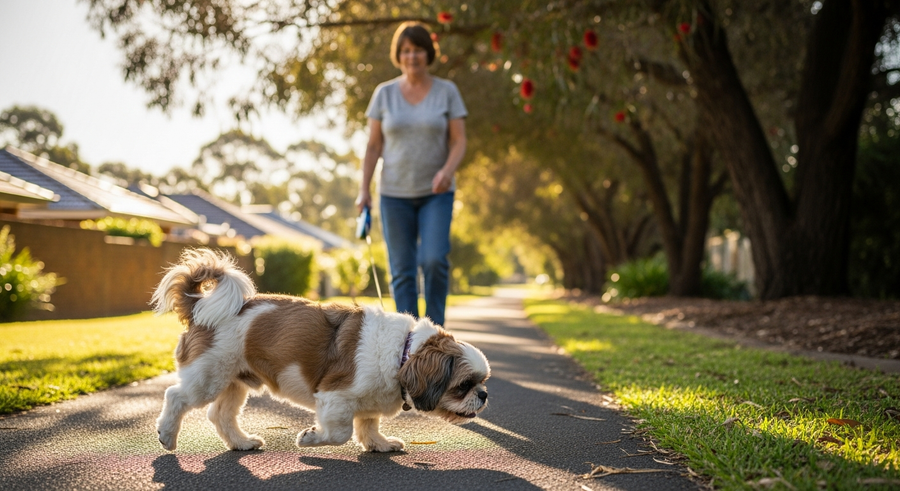 Senior Shih Tzu walking along a suburban path with owner, illustrating daily mobility and joint support