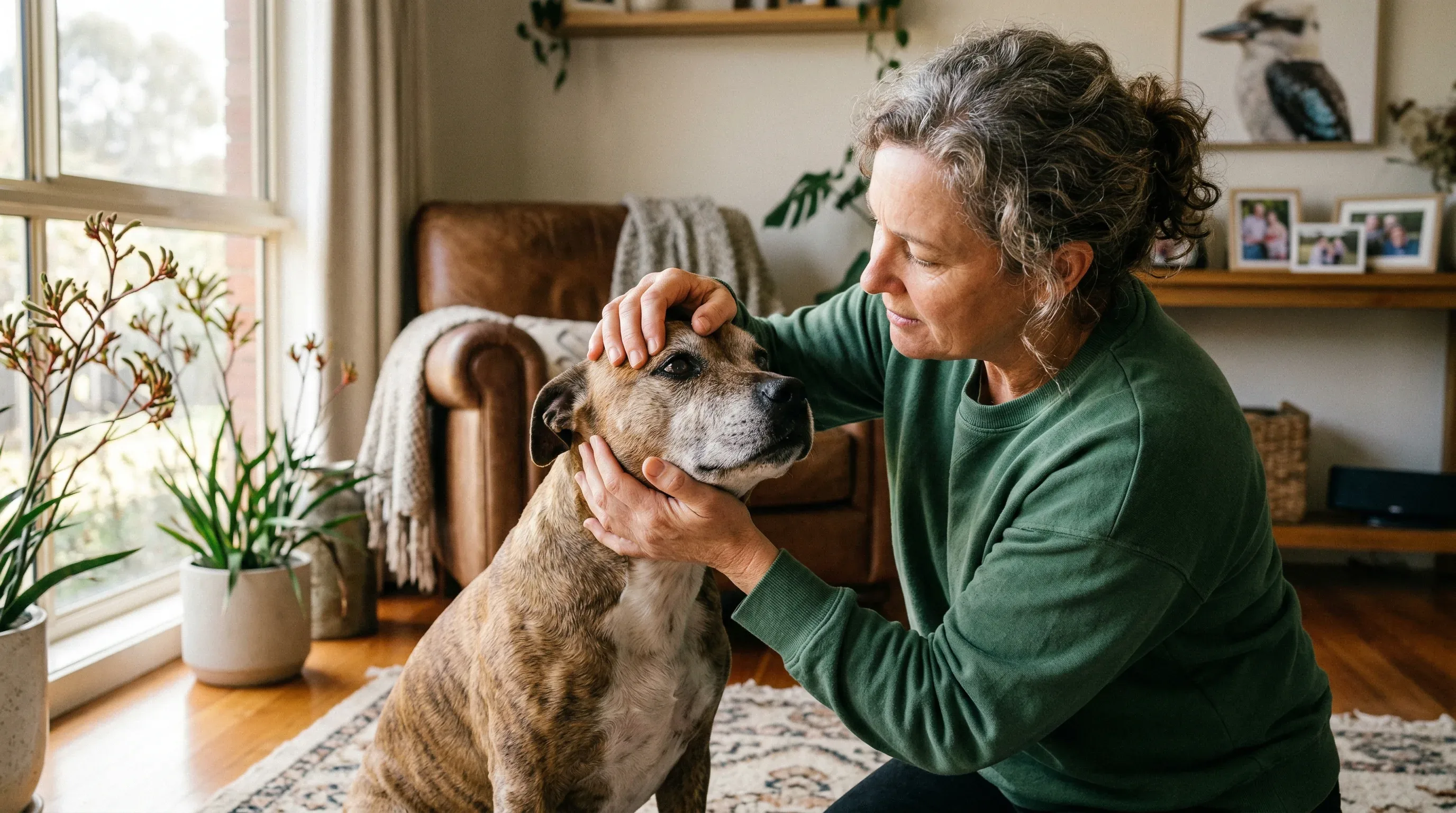 Owner carefully examining Staffordshire Bull Terrier eyes and face at home as part of a health monitoring routine