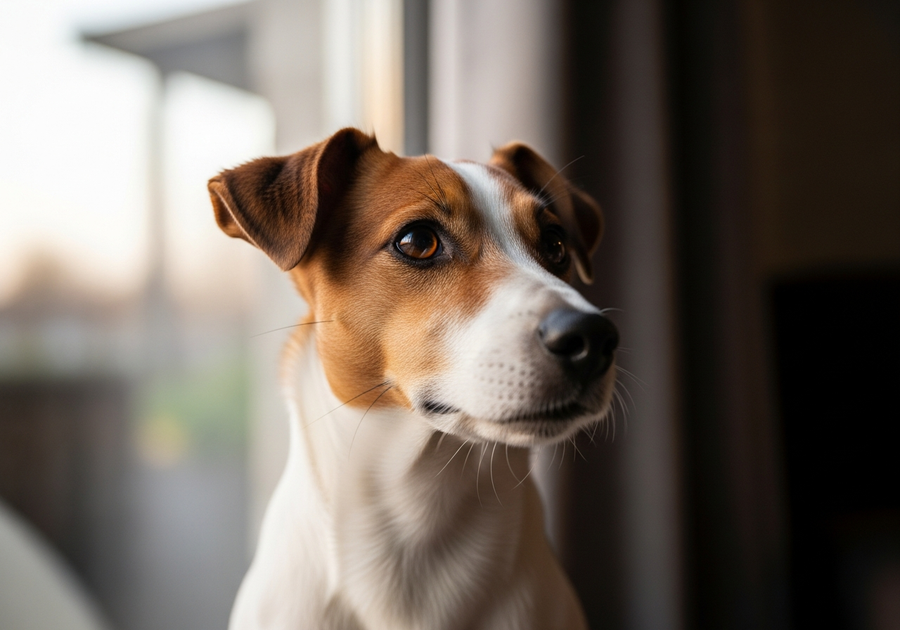 Jack Russell Terrier sitting alert near a window watching outside, showing signs of vigilance and anxiety in dogs