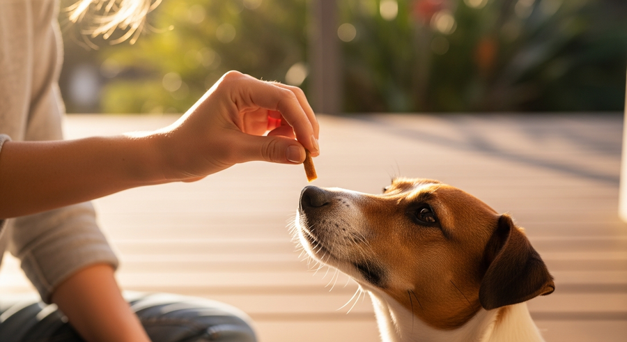 Owner offering a calming supplement chew to Jack Russell Terrier on sunny back verandah showing daily supplement care routine