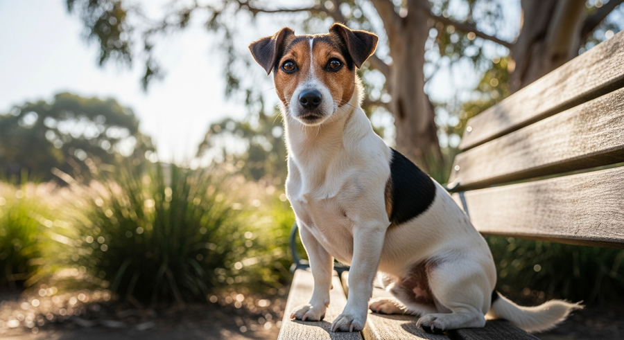 Jack Russell Terrier sitting alert and healthy in an Australian park, reflecting the breed's vitality with proper daily nutrition and gut support