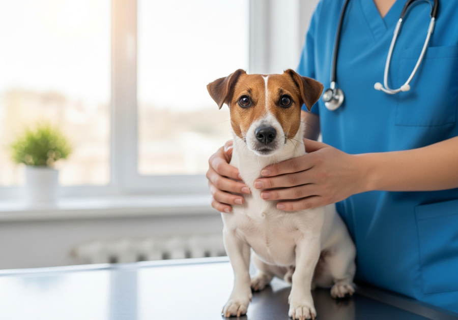 Veterinarian examining a Jack Russell Terrier at a vet clinic, routine health check for common JRT health conditions