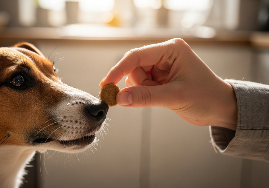 Owner offering a probiotic supplement chew to an eager Jack Russell Terrier, demonstrating easy daily gut health supplementation