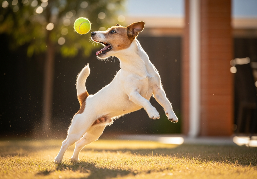 Jack Russell Terrier playing fetch in an Australian backyard, active and energetic lifestyle supporting long lifespan
