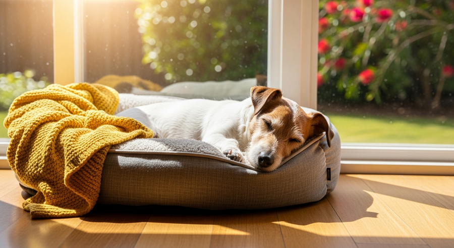 Senior Jack Russell Terrier resting comfortably in a sunny Australian home, representing healthy ageing in older dogs