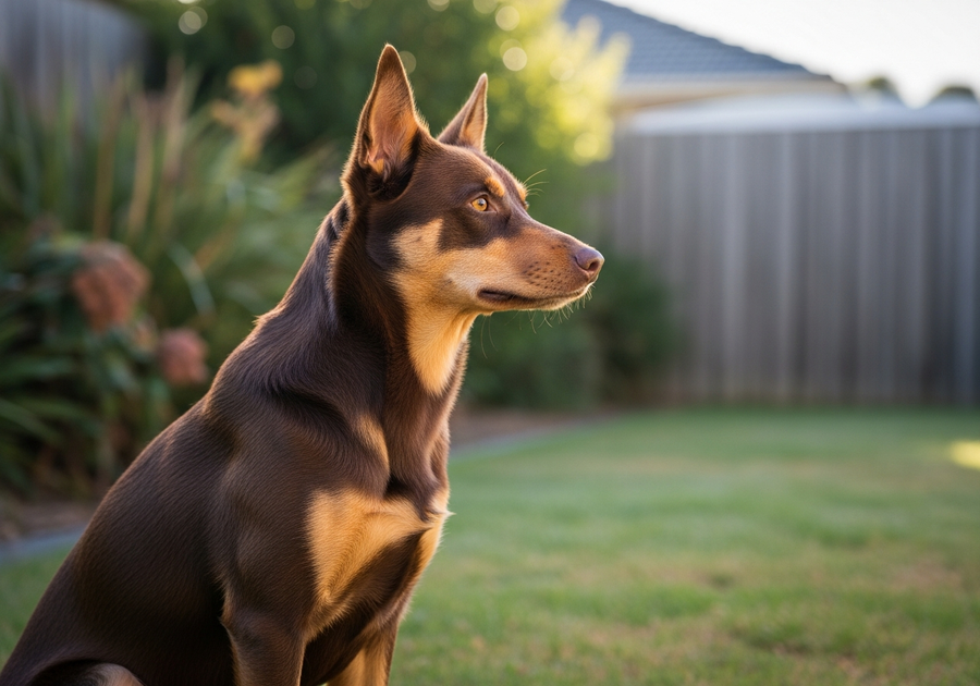Australian Kelpie sitting alertly in a backyard with ears pricked, showing the characteristic breed intensity
