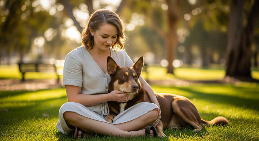 Owner sitting calmly with an Australian Kelpie in a sunny park, showing the bond between dog and owner
