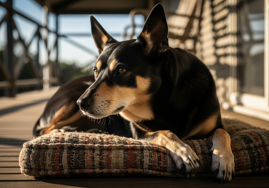 Senior Australian Kelpie resting on a verandah cushion, showing the calm mobility daily joint support helps preserve