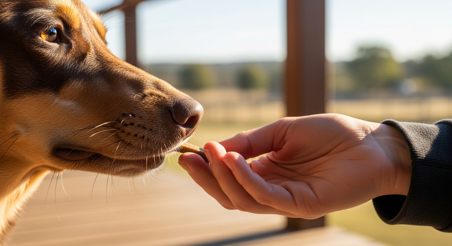 Australian Kelpie taking a daily joint chew from its owner, showing the simple supplement routine that supports working dog mobility