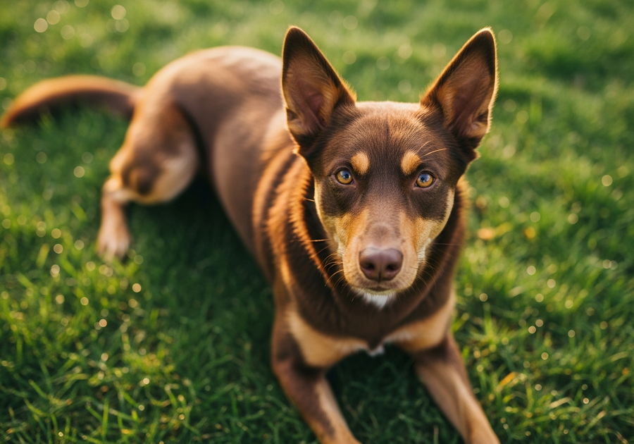 Australian Kelpie resting on grass with bright alert eyes, illustrating calm recovery after exercise and the role of daily gut health support
