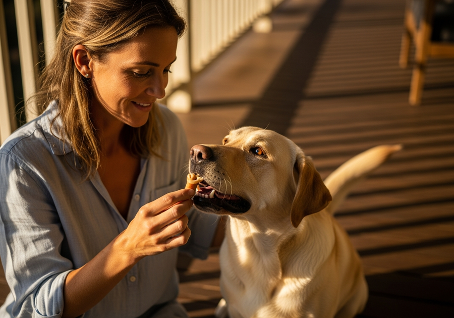 Owner offering a calming chew to a Labrador Retriever on a verandah, building a healthy supplement routine
