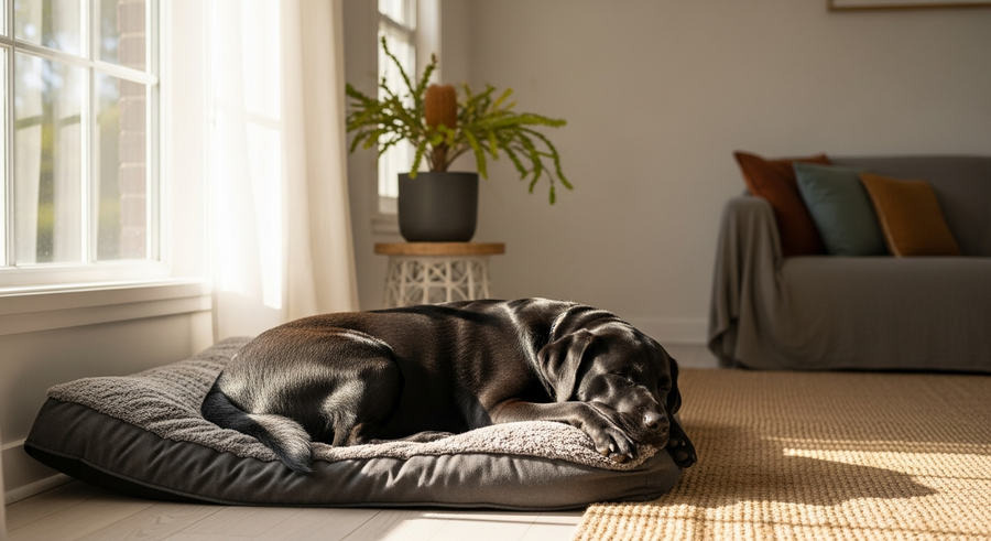 Black Labrador Retriever sleeping peacefully on its bed at home, showing calm temperament supported by supplements
