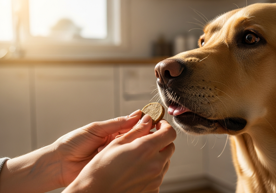 Owner offering probiotic chew supplement to a Labrador Retriever in Australian kitchen, daily routine