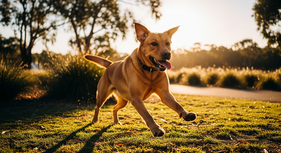 Happy Labrador Retriever with glossy coat running in Australian park, good gut health supports vitality
