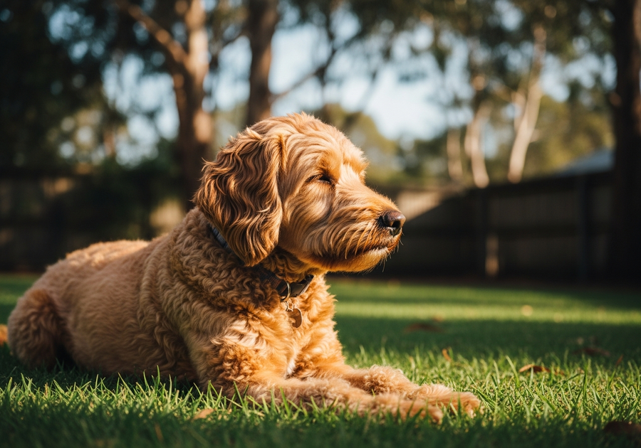 Labradoodle sitting calmly in an Australian backyard, representing a dog with good daily supplement support