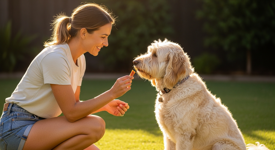 Owner offering a calming chew to a Labradoodle, showing a daily supplement routine