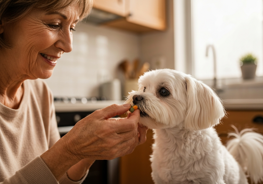 Owner offering a calming supplement chew to a Maltese dog, supporting daily calm behaviour routine